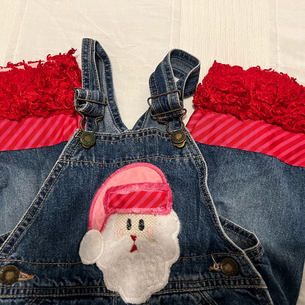 Adorable 12mo Hand Embellished Santa Jean Overalls - Picture 3 of 6